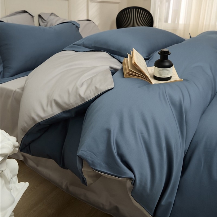 91家纺网 家纺一手货源 找家纺 新款100S长绒棉双拼四件套 菊蓝-浅灰