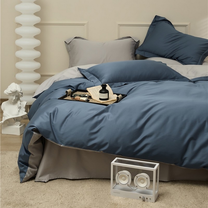 91家纺网 家纺一手货源 找家纺 新款100S长绒棉双拼四件套 菊蓝-浅灰