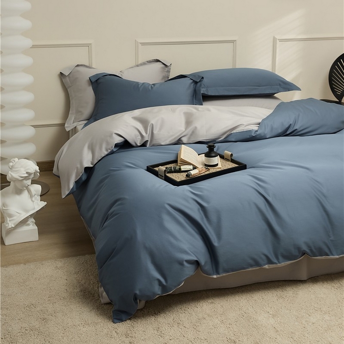 91家纺网 家纺一手货源 找家纺 新款100S长绒棉双拼四件套 菊蓝-浅灰