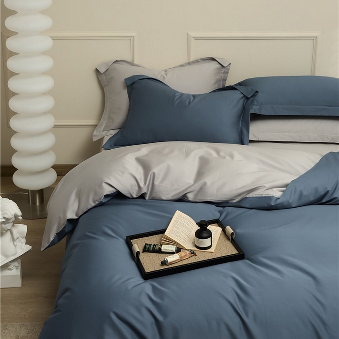 91家纺网 家纺一手货源 找家纺 新款100S长绒棉双拼四件套 菊蓝-浅灰