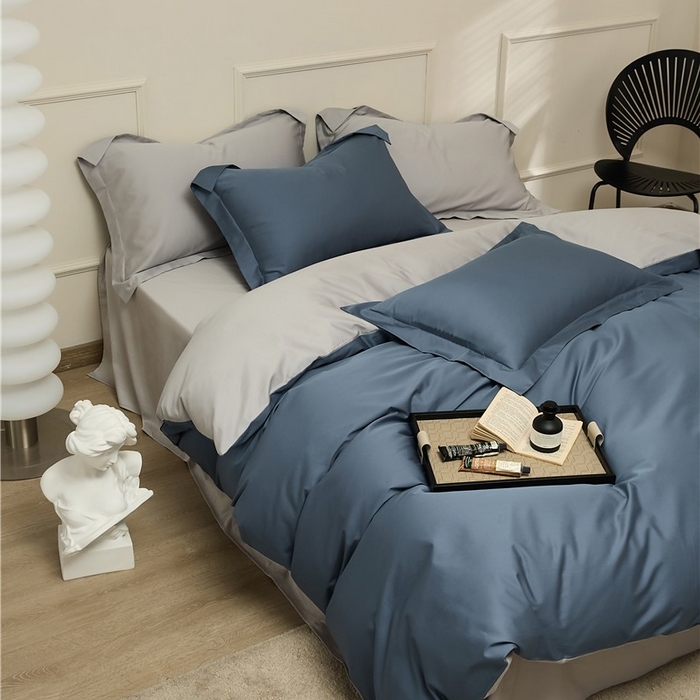 91家纺网 家纺一手货源 找家纺 新款100S长绒棉双拼四件套 菊蓝-浅灰