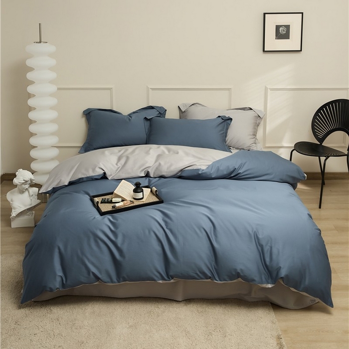新款100S长绒棉双拼四件套 菊蓝-浅灰