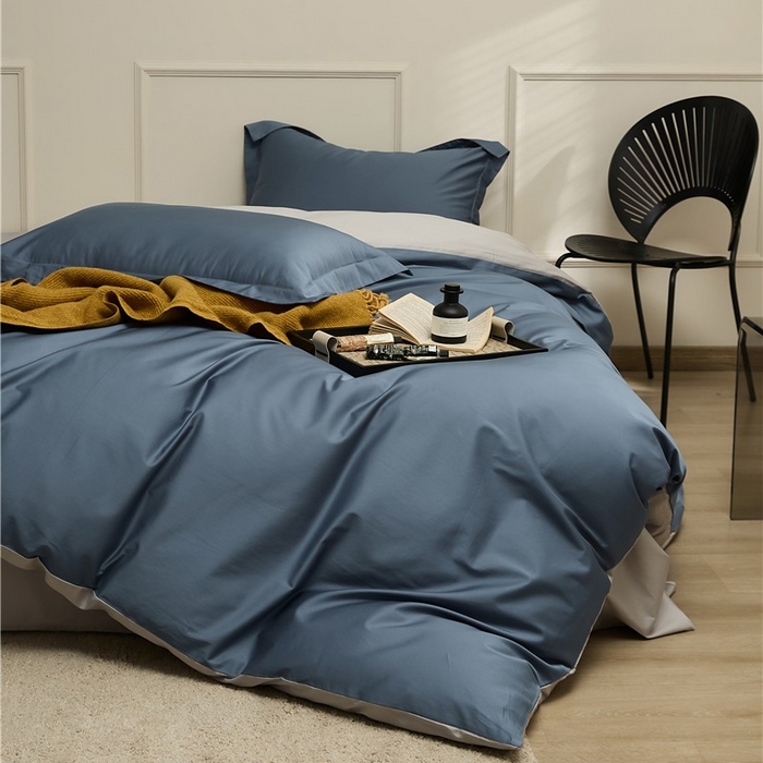 91家纺网 家纺一手货源 找家纺 新款100S长绒棉双拼四件套 菊蓝-浅灰