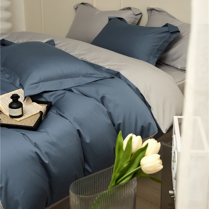 91家纺网 家纺一手货源 找家纺 新款100S长绒棉双拼四件套 菊蓝-浅灰