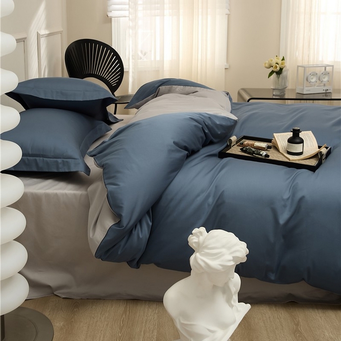 91家纺网 家纺一手货源 找家纺 新款100S长绒棉双拼四件套 菊蓝-浅灰