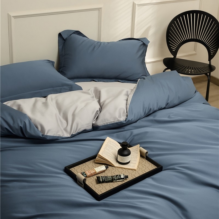 91家纺网 家纺一手货源 找家纺 新款100S长绒棉双拼四件套 菊蓝-浅灰