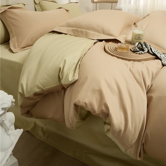 91家纺网 家纺一手货源 找家纺 新款100S长绒棉双拼四件套 奶油杏子