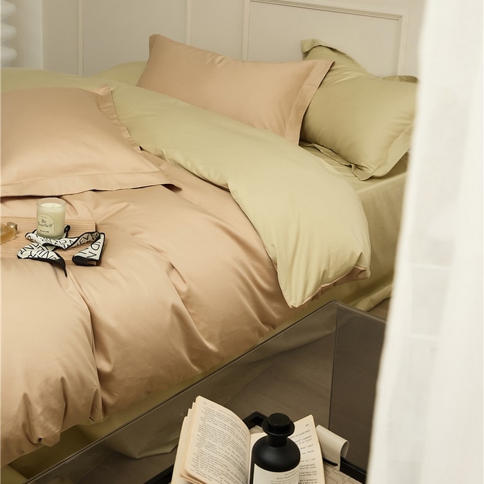 91家纺网 家纺一手货源 找家纺 新款100S长绒棉双拼四件套 奶油杏子