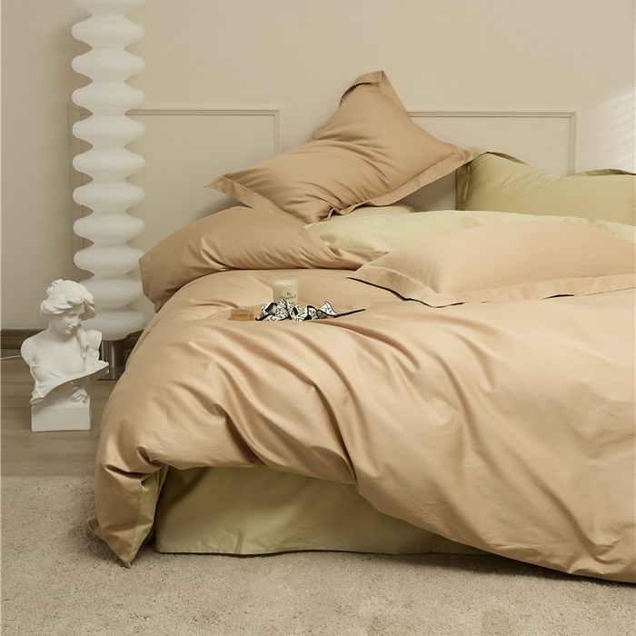 91家纺网 家纺一手货源 找家纺 新款100S长绒棉双拼四件套 奶油杏子