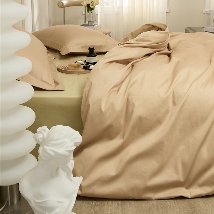 91家纺网 家纺一手货源 找家纺 新款100S长绒棉双拼四件套 奶油杏子