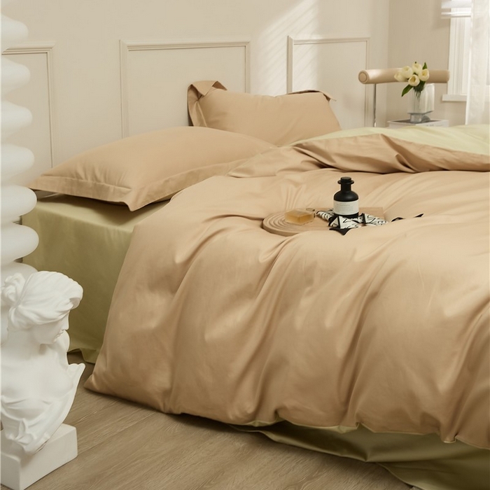 91家纺网 家纺一手货源 找家纺 新款100S长绒棉双拼四件套 奶油杏子