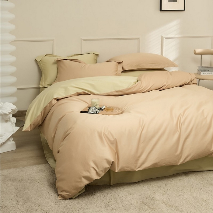 91家纺网 家纺一手货源 找家纺 新款100S长绒棉双拼四件套 奶油杏子