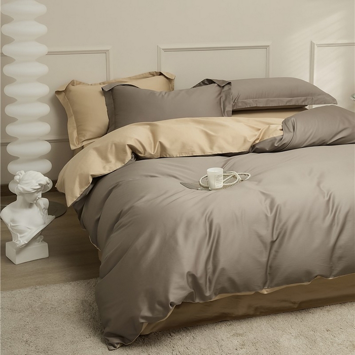 91家纺网 家纺一手货源 找家纺 新款100S长绒棉双拼四件套 深岩灰-卡其