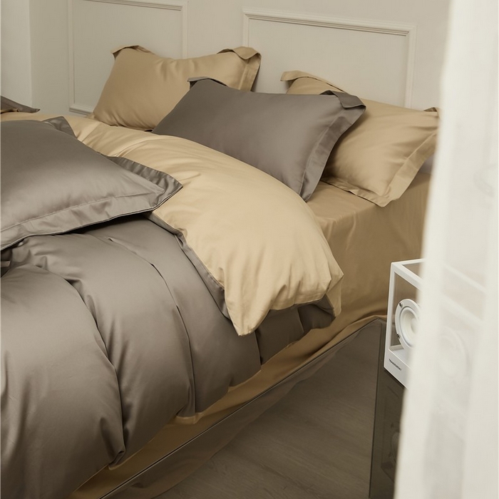 91家纺网 家纺一手货源 找家纺 新款100S长绒棉双拼四件套 深岩灰-卡其