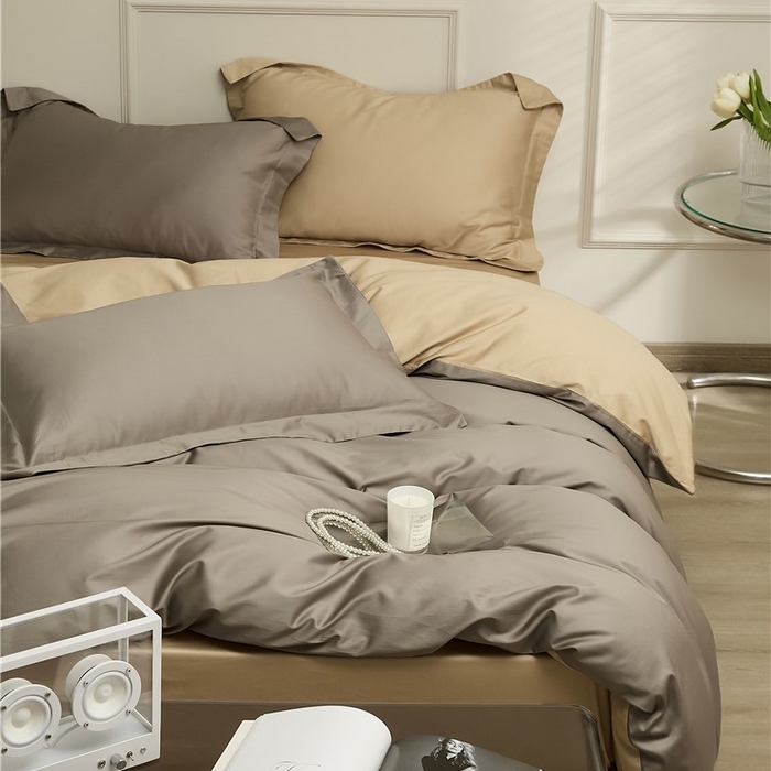 91家纺网 家纺一手货源 找家纺 新款100S长绒棉双拼四件套 深岩灰-卡其