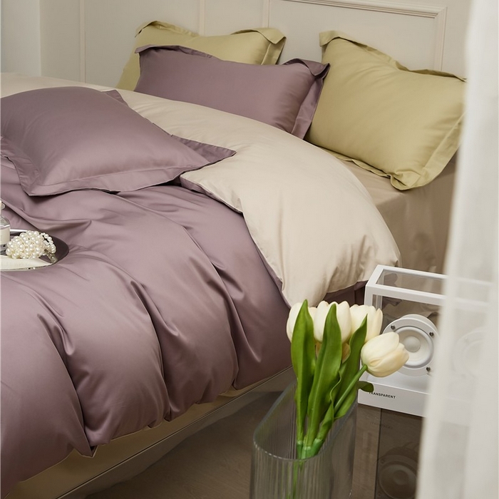 91家纺网 家纺一手货源 找家纺 新款100S长绒棉双拼四件套 雪松紫