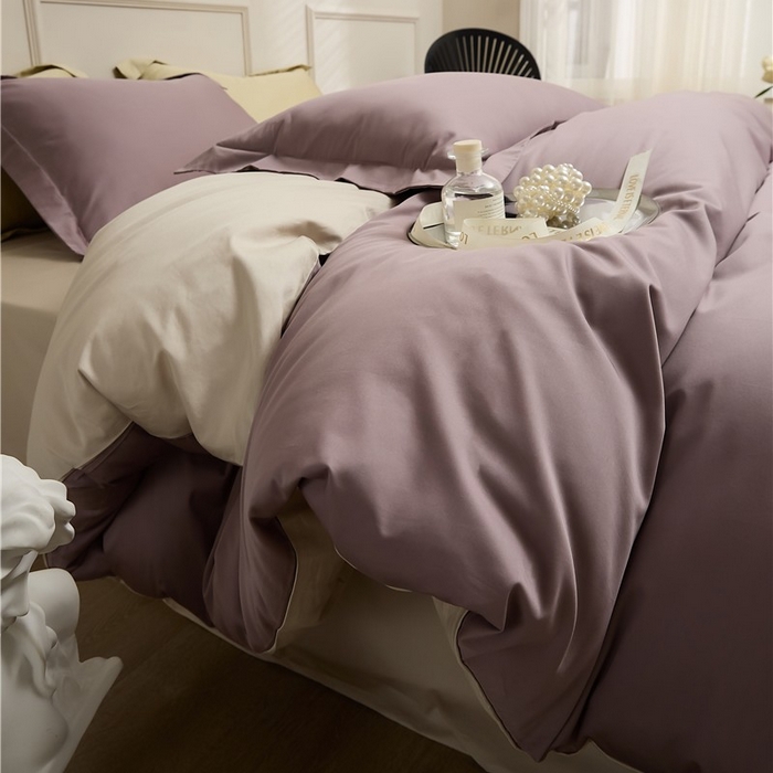 91家纺网 家纺一手货源 找家纺 新款100S长绒棉双拼四件套 雪松紫