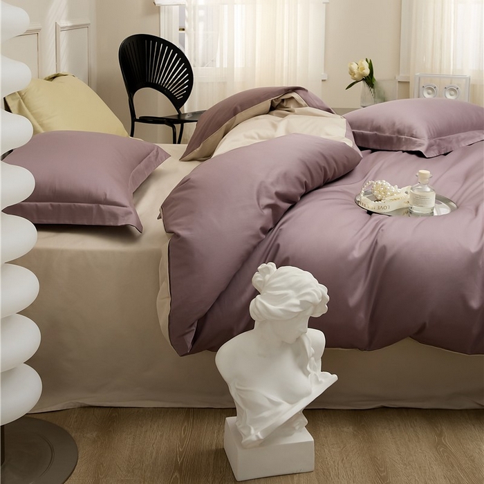 91家纺网 家纺一手货源 找家纺 新款100S长绒棉双拼四件套 雪松紫