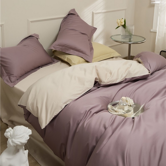 91家纺网 家纺一手货源 找家纺 新款100S长绒棉双拼四件套 雪松紫