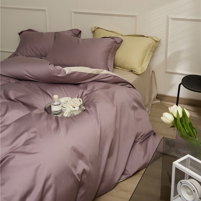 91家纺网 家纺一手货源 找家纺 新款100S长绒棉双拼四件套 雪松紫