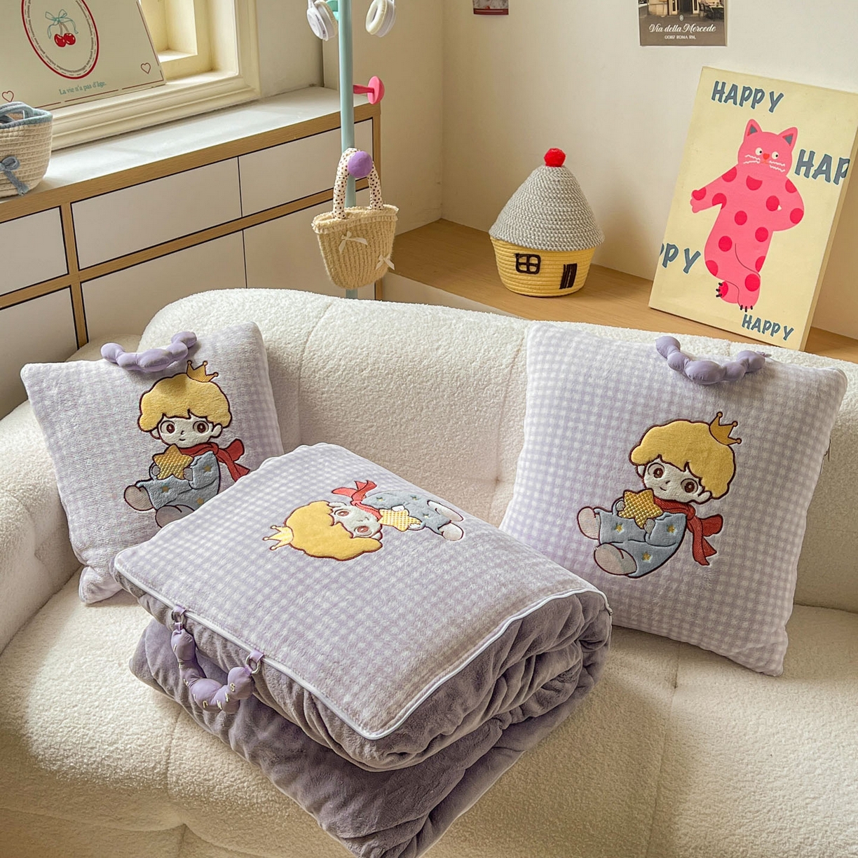 番茄+ 2025新款加厚牛奶绒小王子抱枕 格子紫