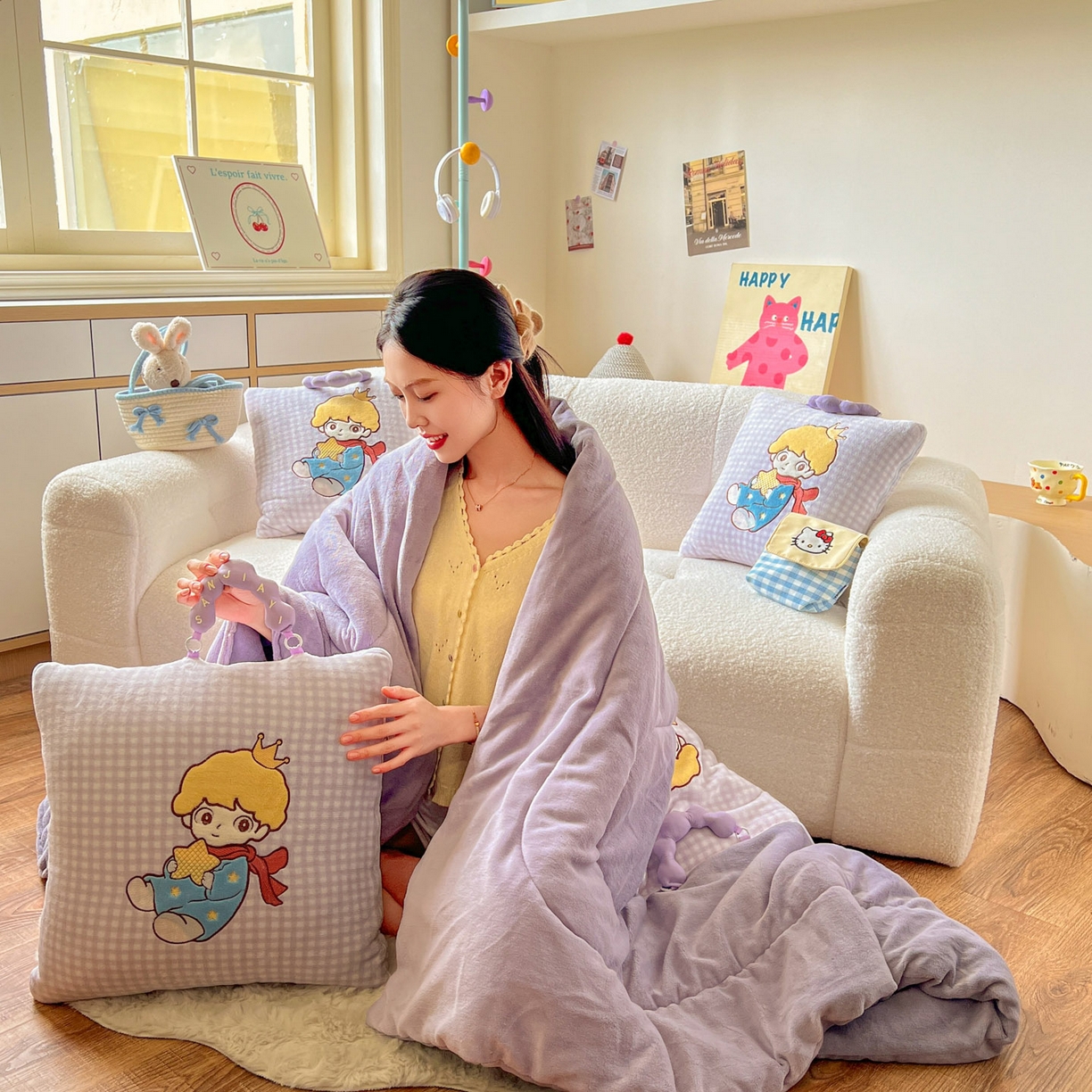 91家纺网 家纺一手货源 找家纺 番茄+ 2025新款加厚牛奶绒小王子抱枕 格子紫