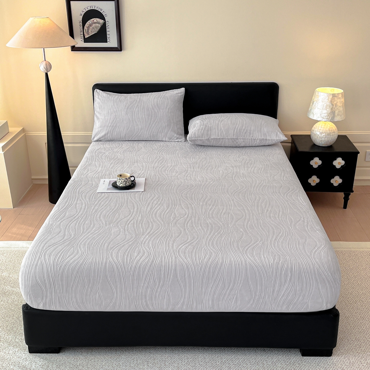 91家纺网 家纺一手货源 找家纺 蓝极人 2025新款烂花牛奶绒床笠 烂花床笠-米灰