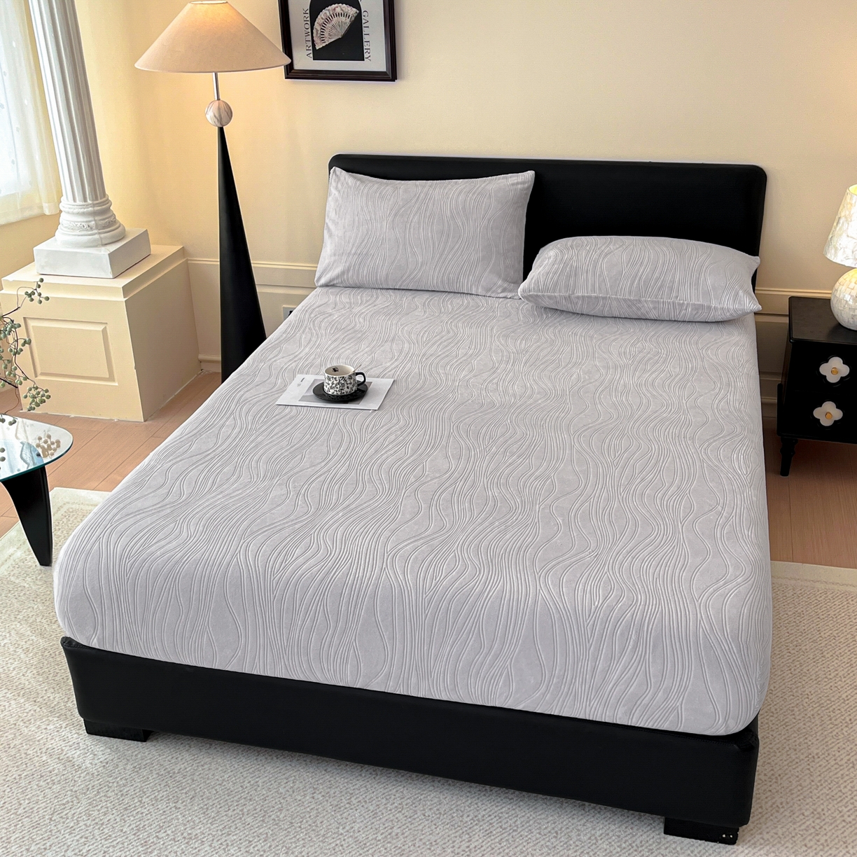 91家纺网 家纺一手货源 找家纺 蓝极人 2025新款烂花牛奶绒床笠 烂花床笠-米灰