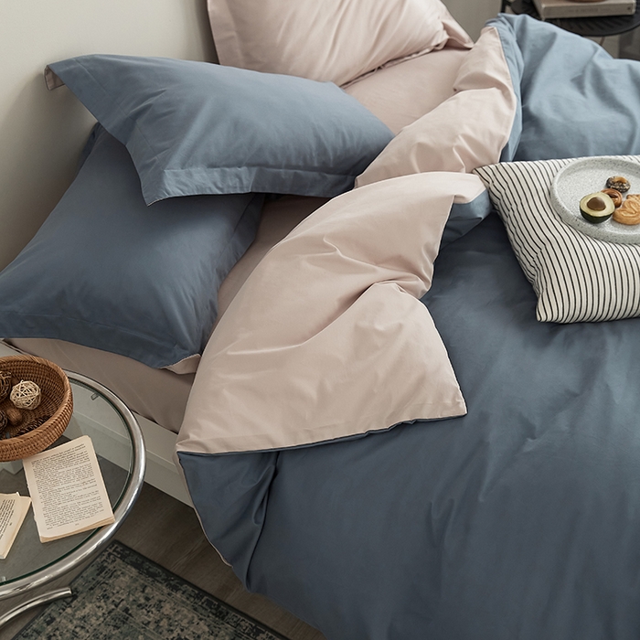 91家纺网 家纺一手货源 找家纺 新款加厚磨毛四件套千草蓝-淡妃粉