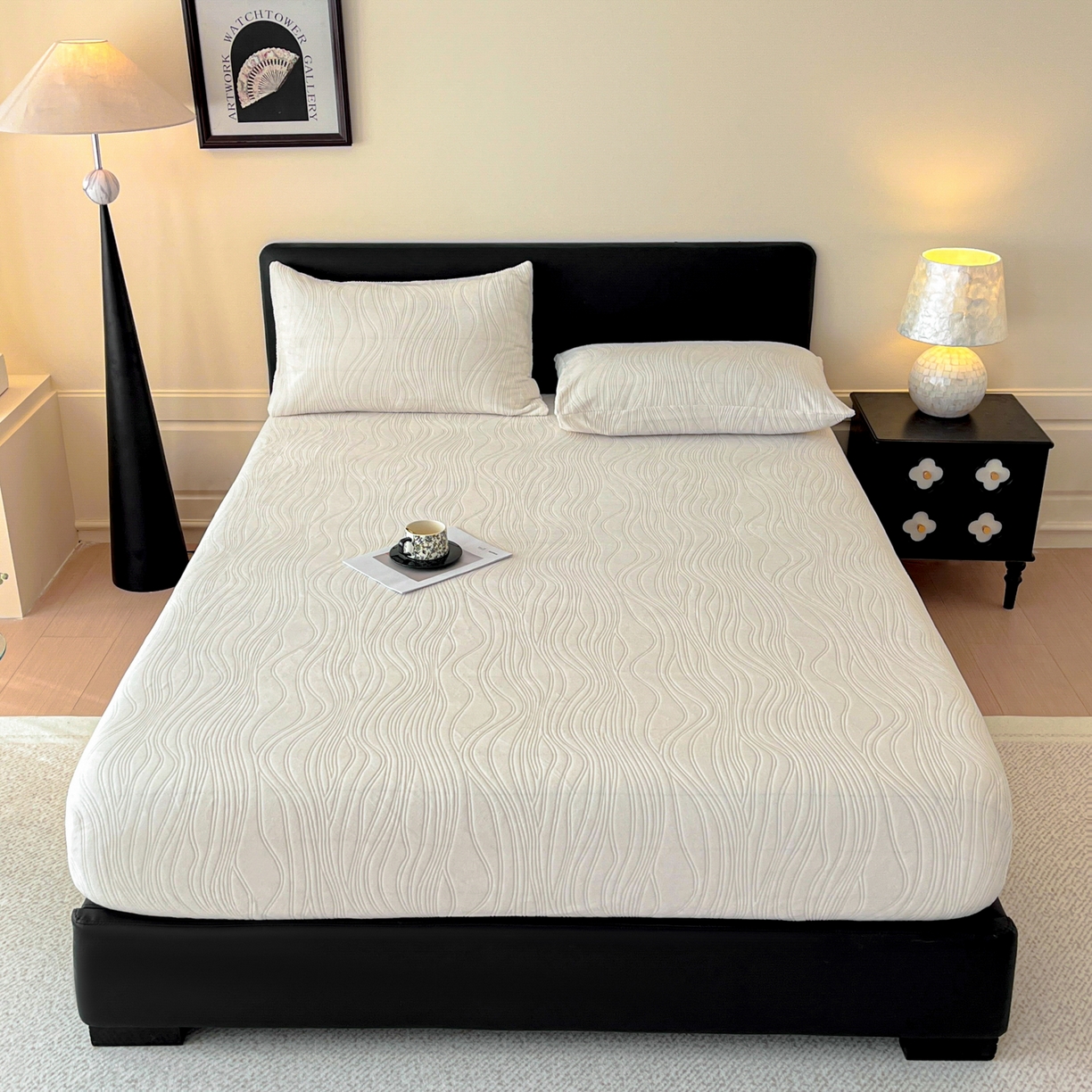 91家纺网 家纺一手货源 找家纺 酱子 2025新款烂花牛奶绒床笠 烂花床笠-米白