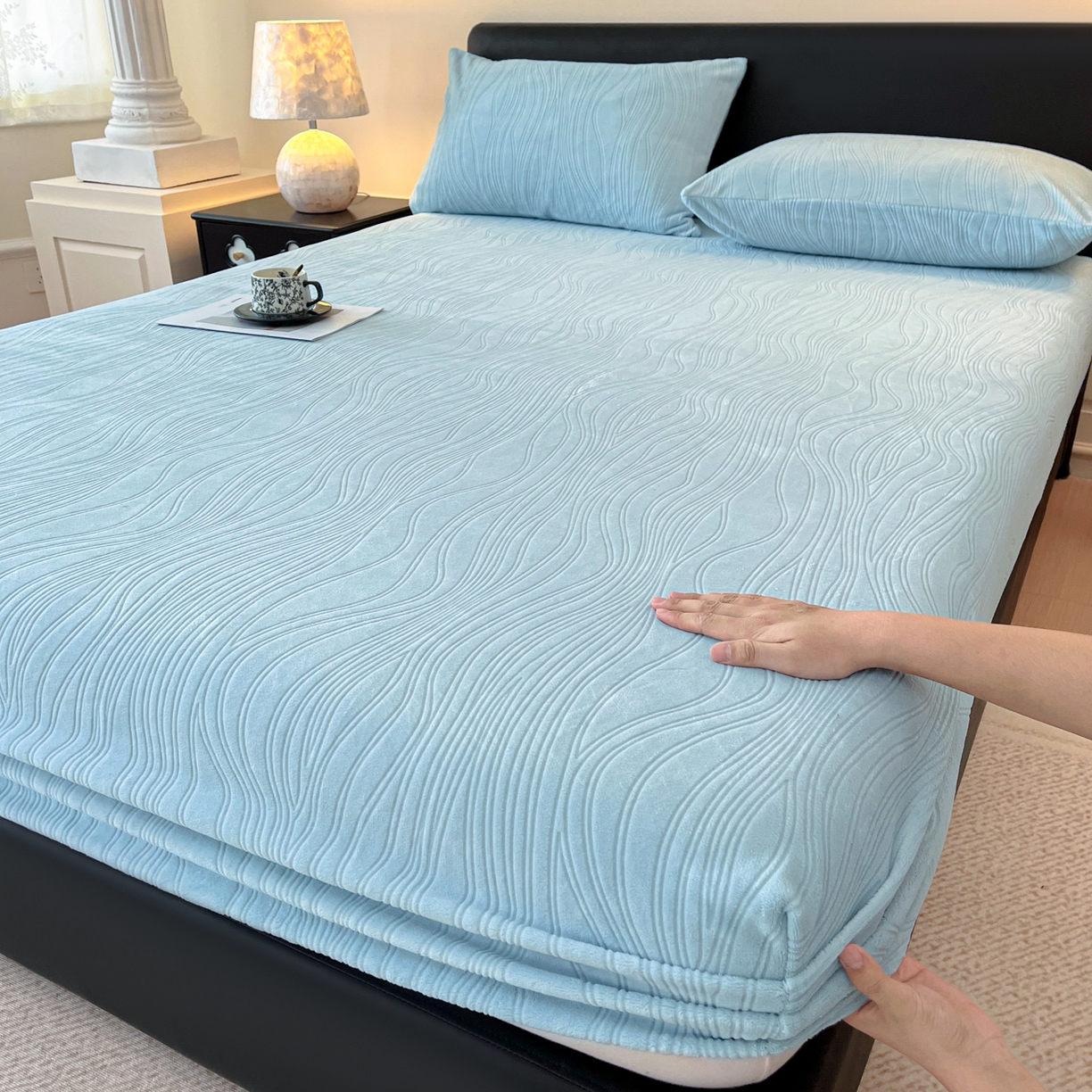 酱子 2025新款烂花牛奶绒床笠 烂花床笠-浅蓝