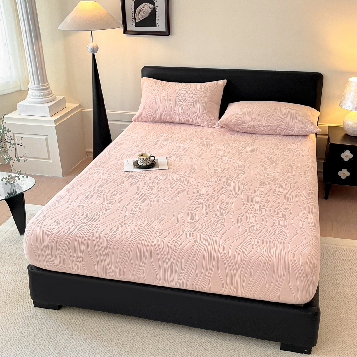 91家纺网 家纺一手货源 找家纺 酱子 2025新款烂花牛奶绒床笠 烂花床笠-桃粉