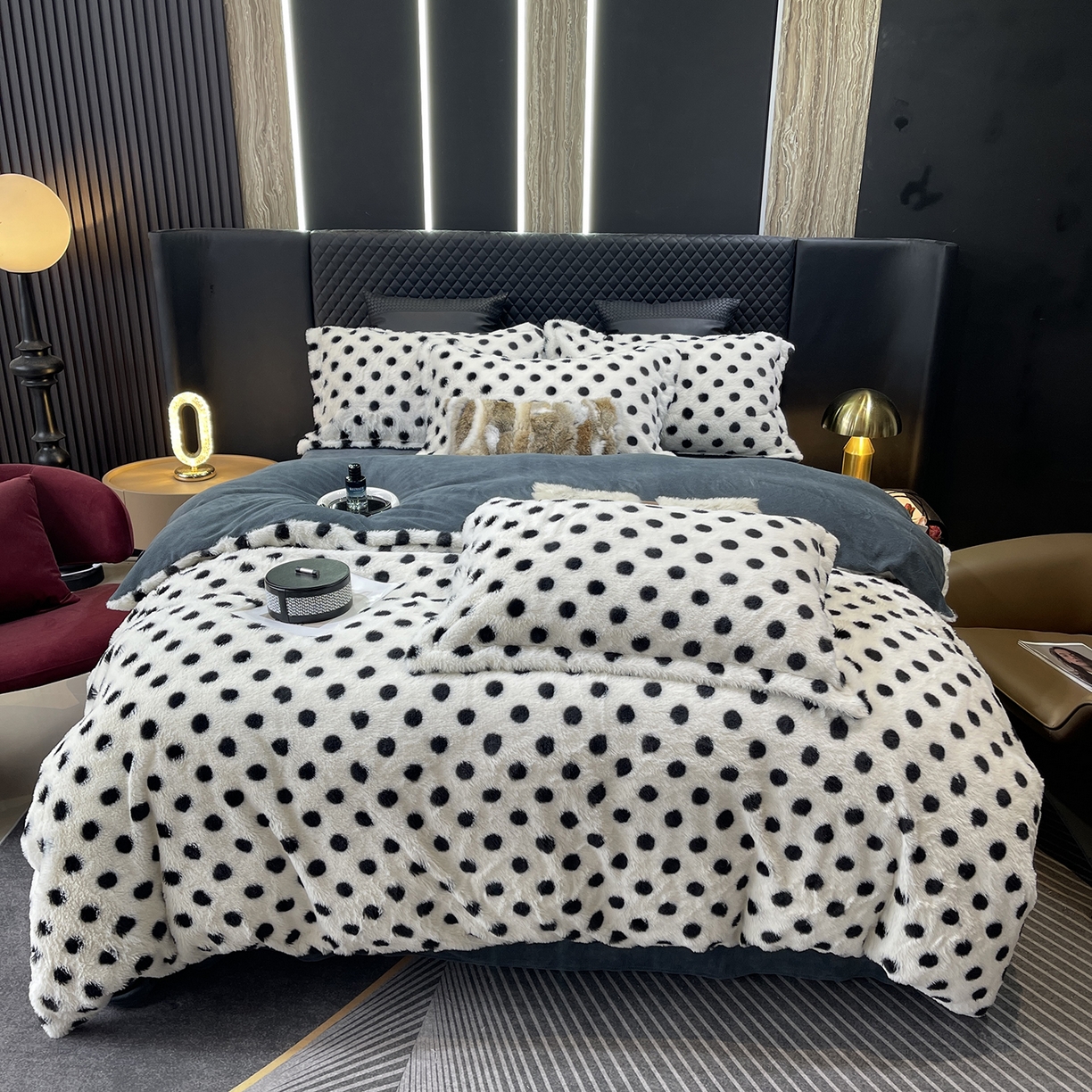 莱豫家纺 2025新款秋冬加厚皮草级兔绒加牛奶绒四件套 圆点灰