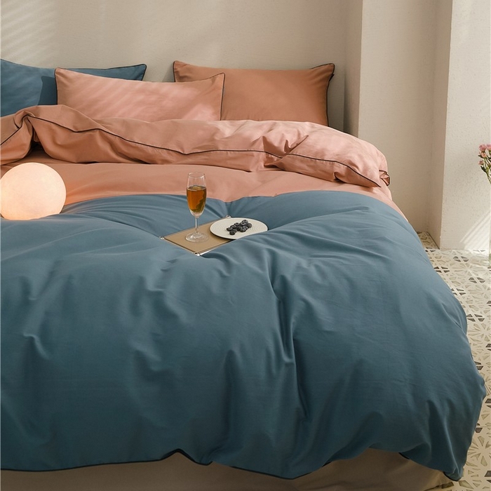 91家纺网 家纺一手货源 找家纺 新款100S磨毛半拼玩乐系列四件套 朱红-苍苍蓝