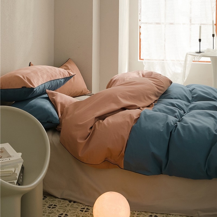 91家纺网 家纺一手货源 找家纺 新款100S磨毛半拼玩乐系列四件套 朱红-苍苍蓝