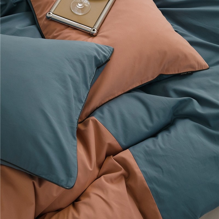 91家纺网 家纺一手货源 找家纺 新款100S磨毛半拼玩乐系列四件套 朱红-苍苍蓝