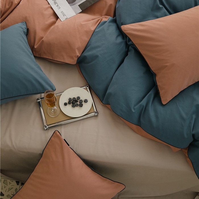 91家纺网 家纺一手货源 找家纺 新款100S磨毛半拼玩乐系列四件套 朱红-苍苍蓝