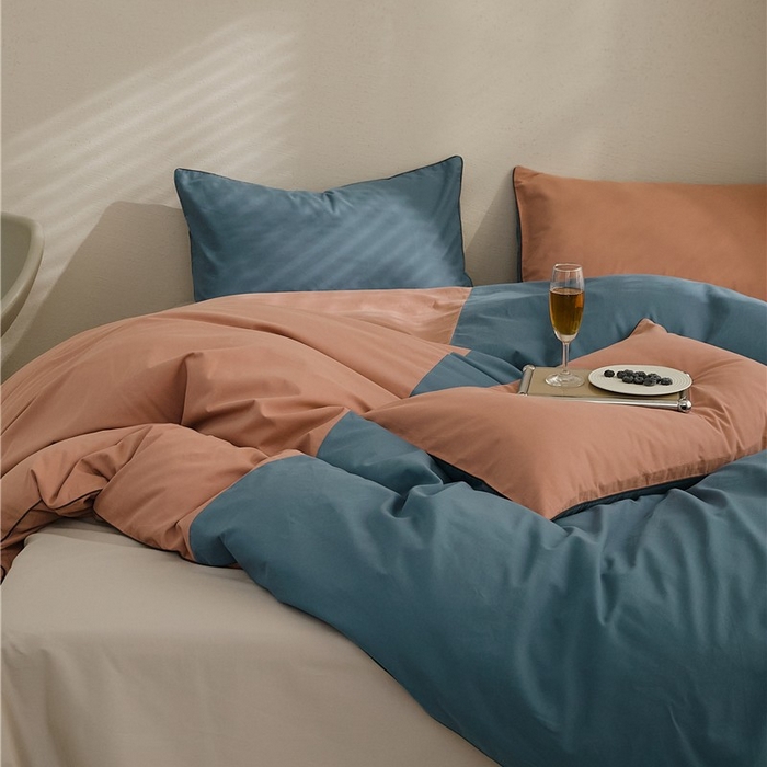 91家纺网 家纺一手货源 找家纺 新款100S磨毛半拼玩乐系列四件套 朱红-苍苍蓝