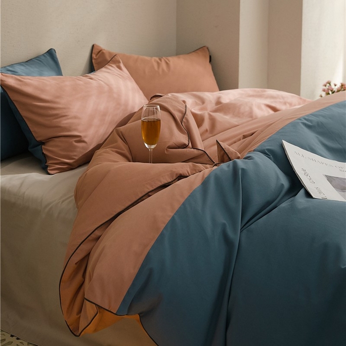 91家纺网 家纺一手货源 找家纺 新款100S磨毛半拼玩乐系列四件套 朱红-苍苍蓝