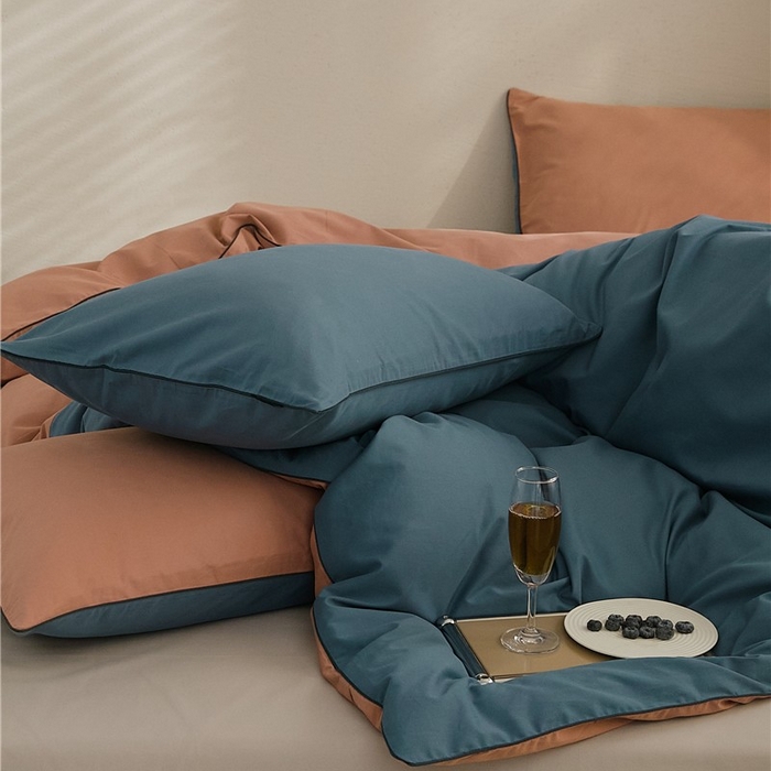 91家纺网 家纺一手货源 找家纺 新款100S磨毛半拼玩乐系列四件套 朱红-苍苍蓝