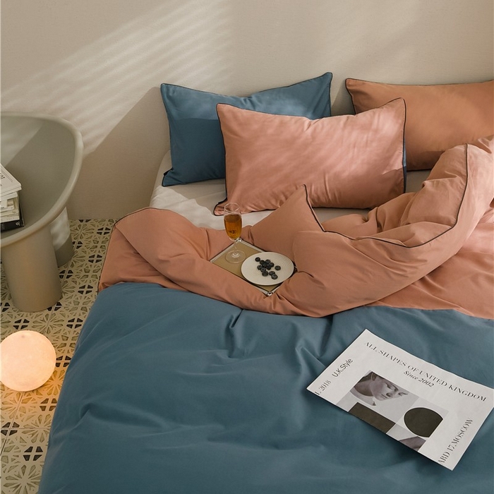 91家纺网 家纺一手货源 找家纺 新款100S磨毛半拼玩乐系列四件套 朱红-苍苍蓝