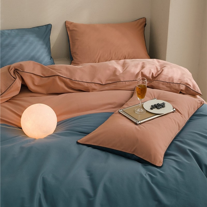 91家纺网 家纺一手货源 找家纺 新款100S磨毛半拼玩乐系列四件套 朱红-苍苍蓝