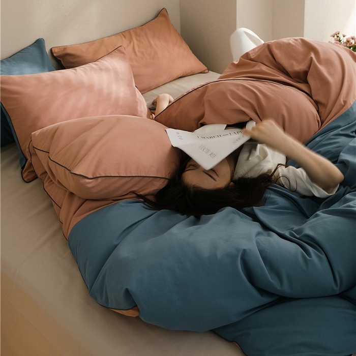 91家纺网 家纺一手货源 找家纺 新款100S磨毛半拼玩乐系列四件套 朱红-苍苍蓝