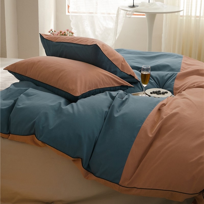 91家纺网 家纺一手货源 找家纺 新款100S磨毛半拼玩乐系列四件套 朱红-苍苍蓝