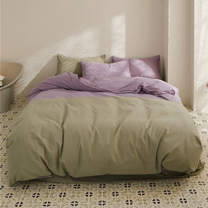 91家纺网 家纺一手货源 找家纺 新款100S磨毛半拼玩乐系列四件套 香芋紫-青梅