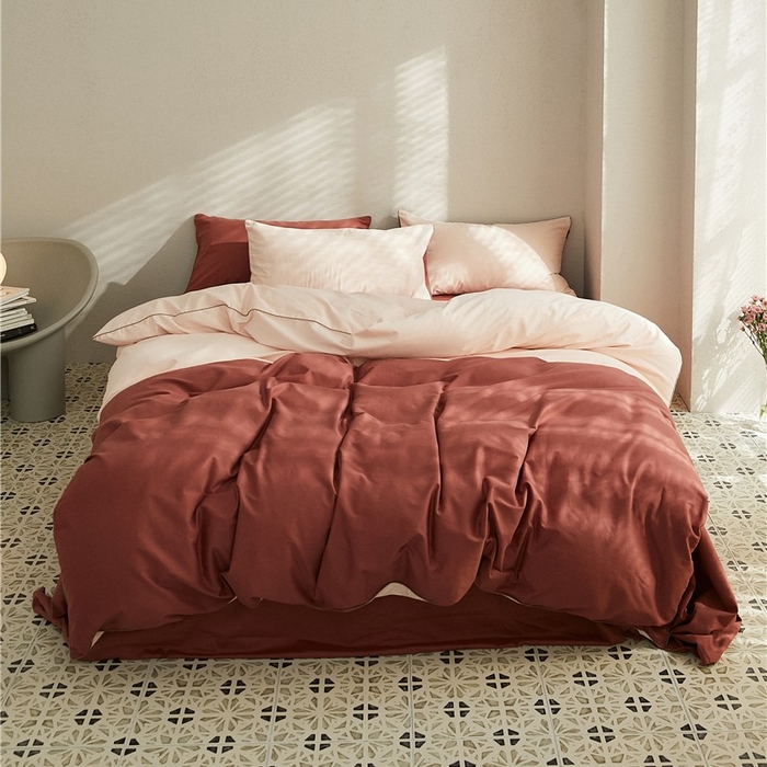 91家纺网 家纺一手货源 找家纺 新款100S磨毛半拼玩乐系列四件套 樱粉-朱红