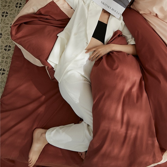 91家纺网 家纺一手货源 找家纺 新款100S磨毛半拼玩乐系列四件套 樱粉-朱红