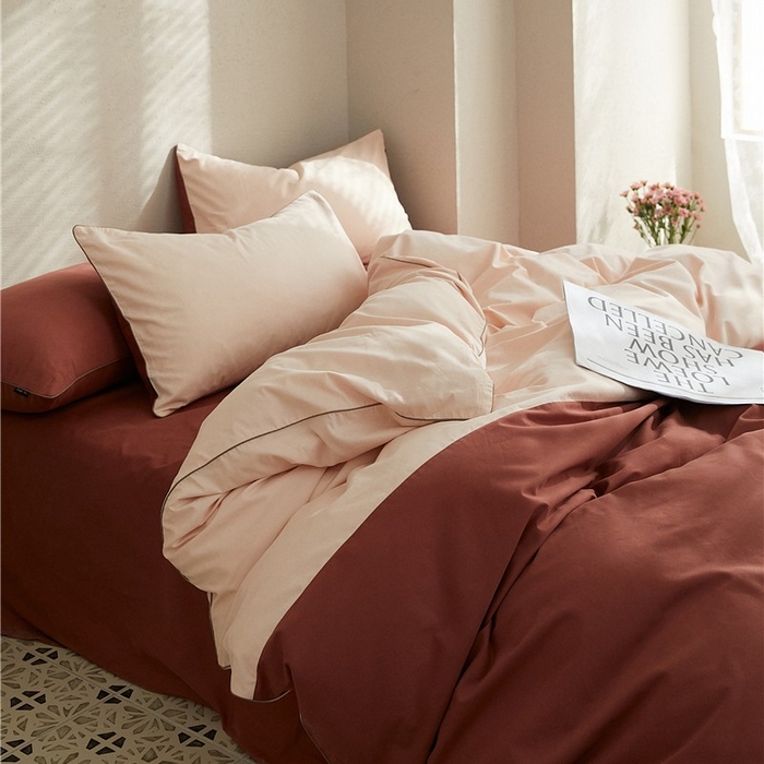 91家纺网 家纺一手货源 找家纺 新款100S磨毛半拼玩乐系列四件套 樱粉-朱红