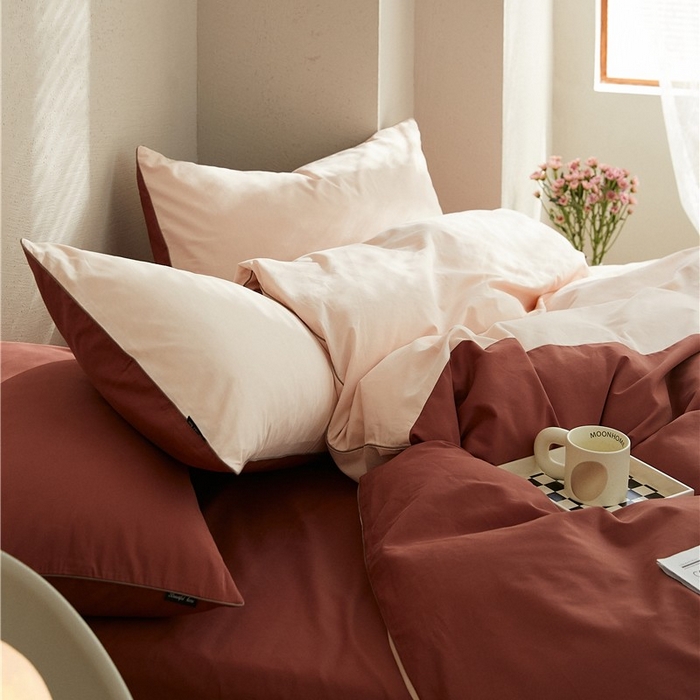 91家纺网 家纺一手货源 找家纺 新款100S磨毛半拼玩乐系列四件套 樱粉-朱红