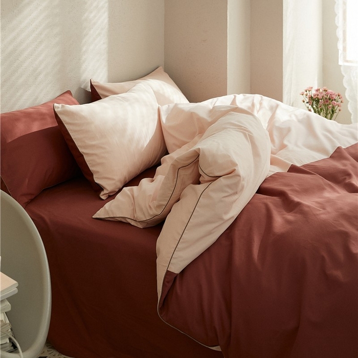 91家纺网 家纺一手货源 找家纺 新款100S磨毛半拼玩乐系列四件套 樱粉-朱红